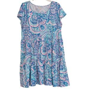 Lilly Pulitzer XL Geanna Tiered Dress Blue Pink Paisley Pockets Coastal Tropical